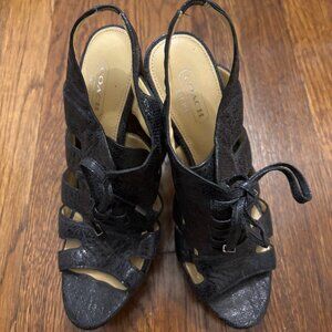 Coach Moreen metallic black embossed leather platform sandals